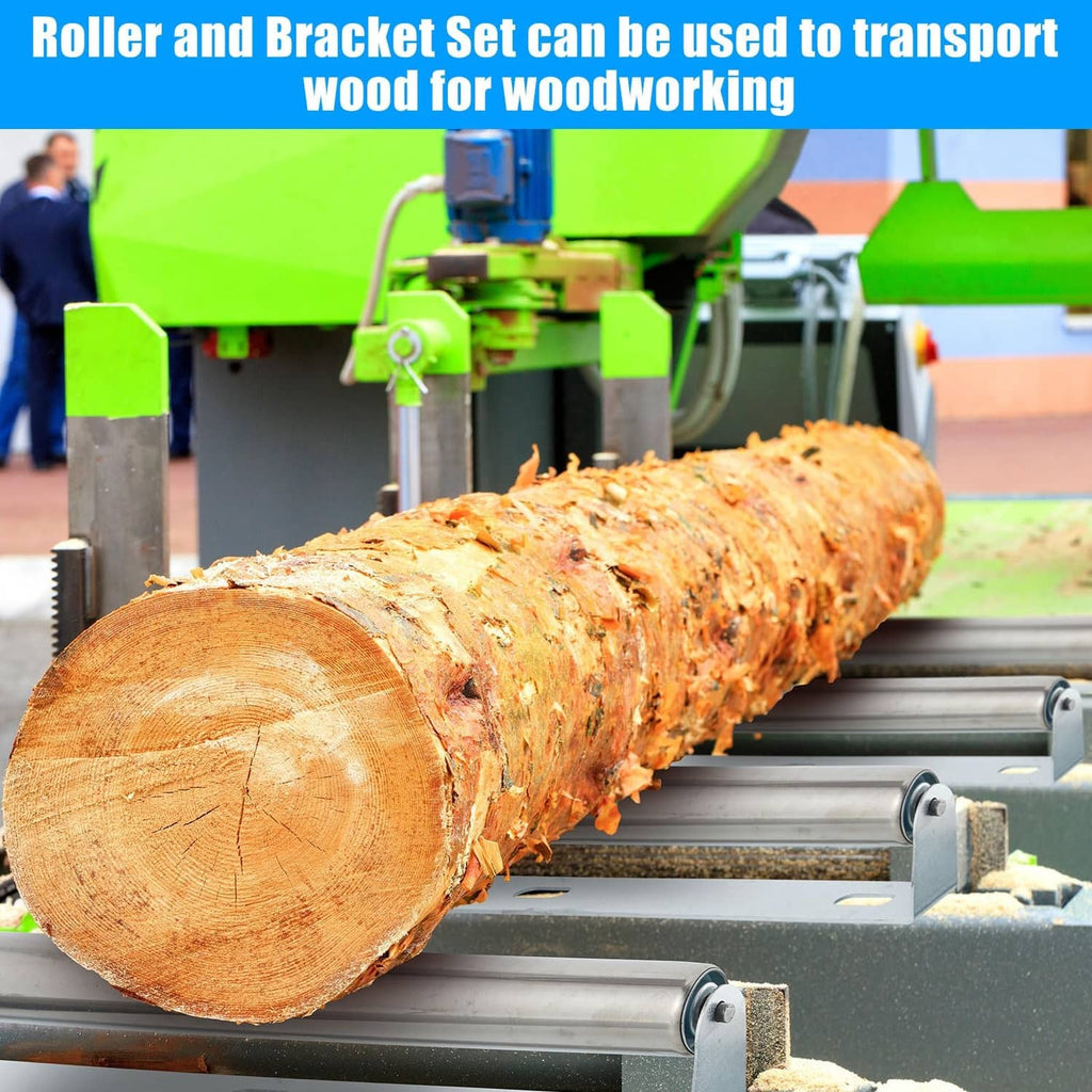 Silver trailer roller and bracket supporting a cut log on metal rails
