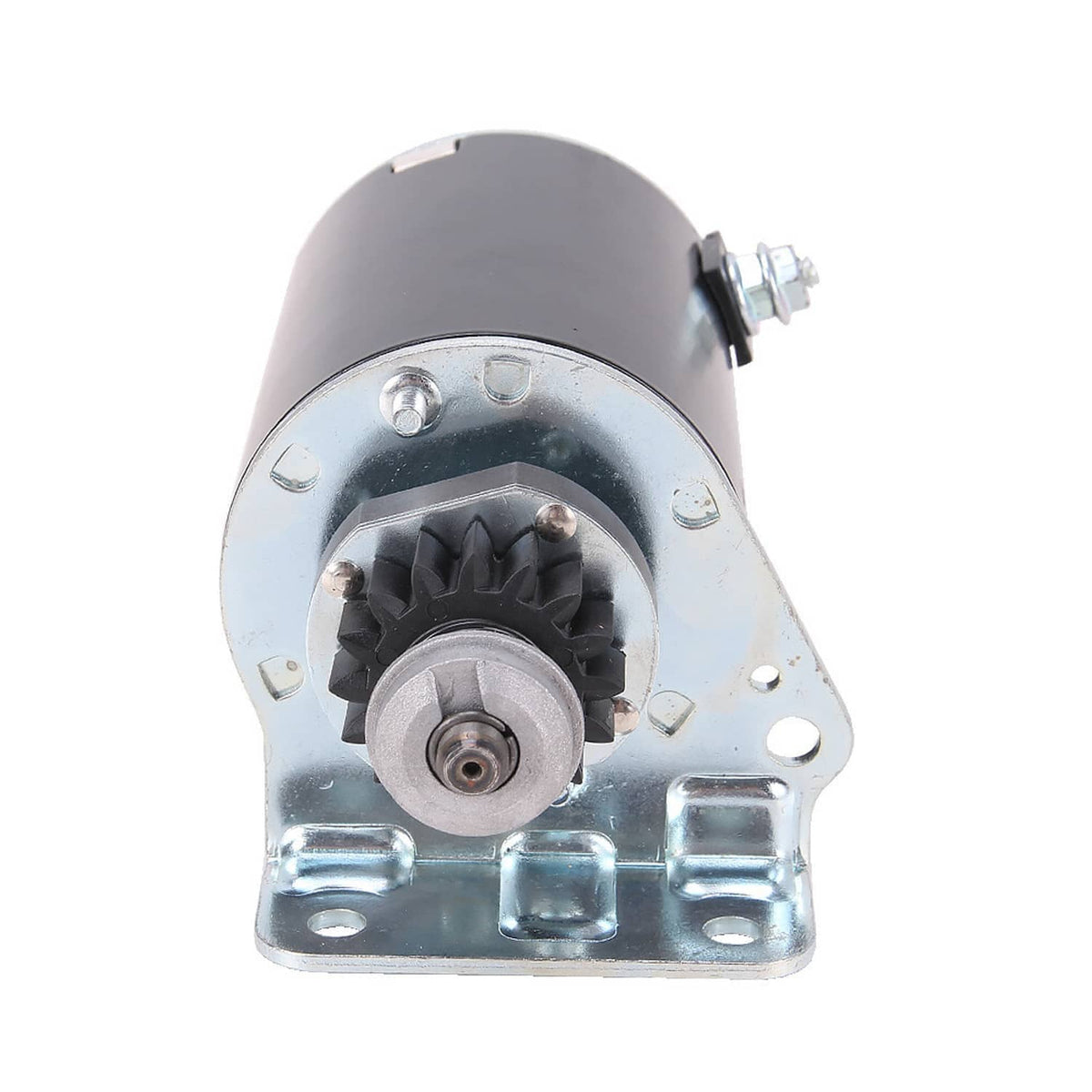 Lawn mower starter motor front view with black housing and silver mounting bracket