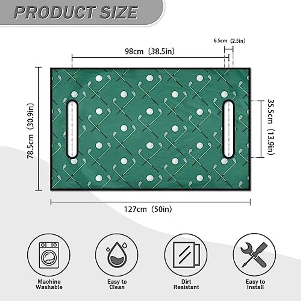 Green golf cart seat towel with white club pattern, size diagram on white background