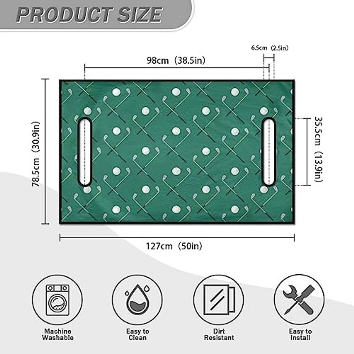 Green golf cart seat towel with white club pattern, size diagram on white background