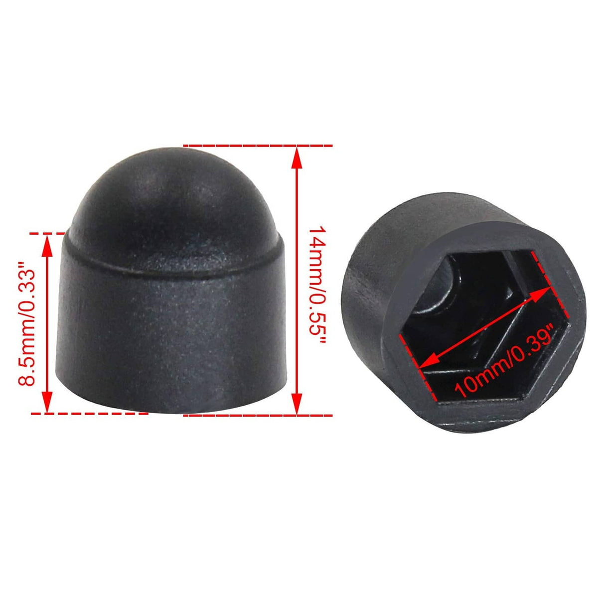 Black domed hex bolt head cover with internal hex socket opening