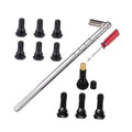Tire valve stem puller tool set with long metal handle, black caps, and brass valve insert