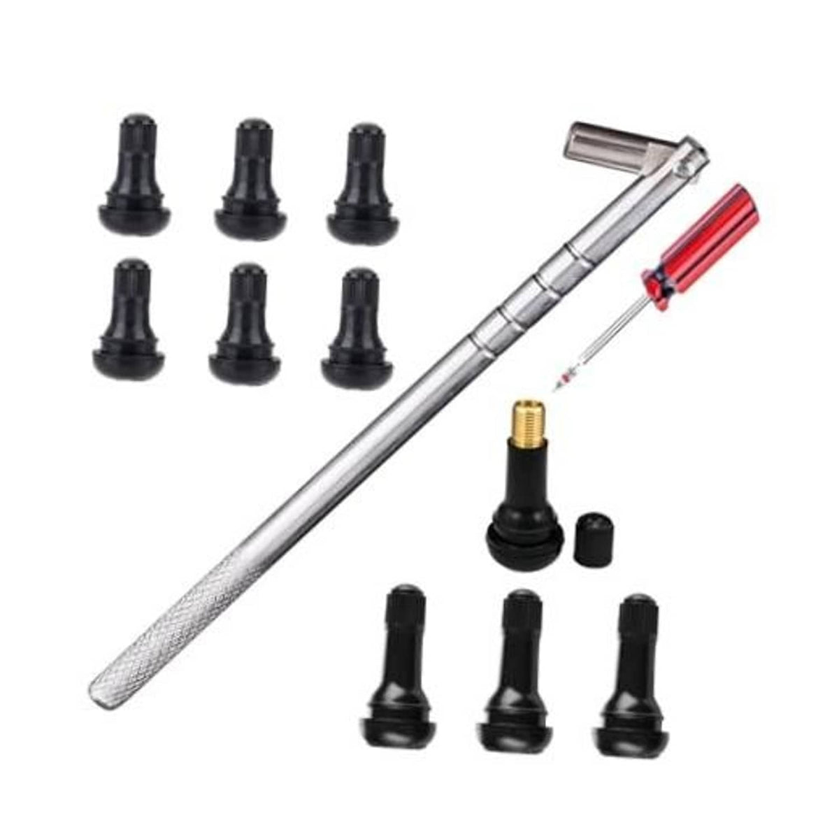 Tire valve stem puller tool set with long metal handle, black caps, and brass valve insert