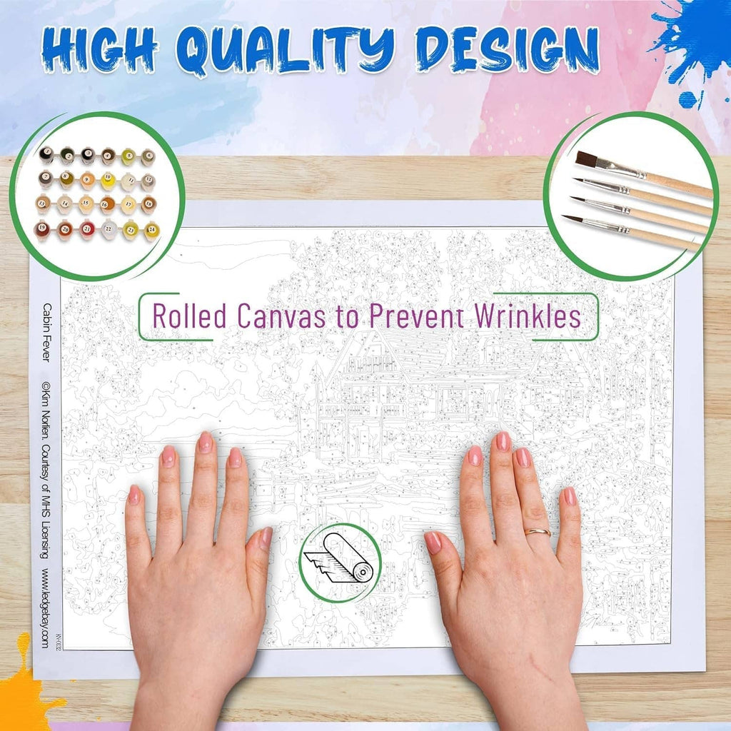 Paint by number canvas with hands flattening a rolled canvas to prevent wrinkles