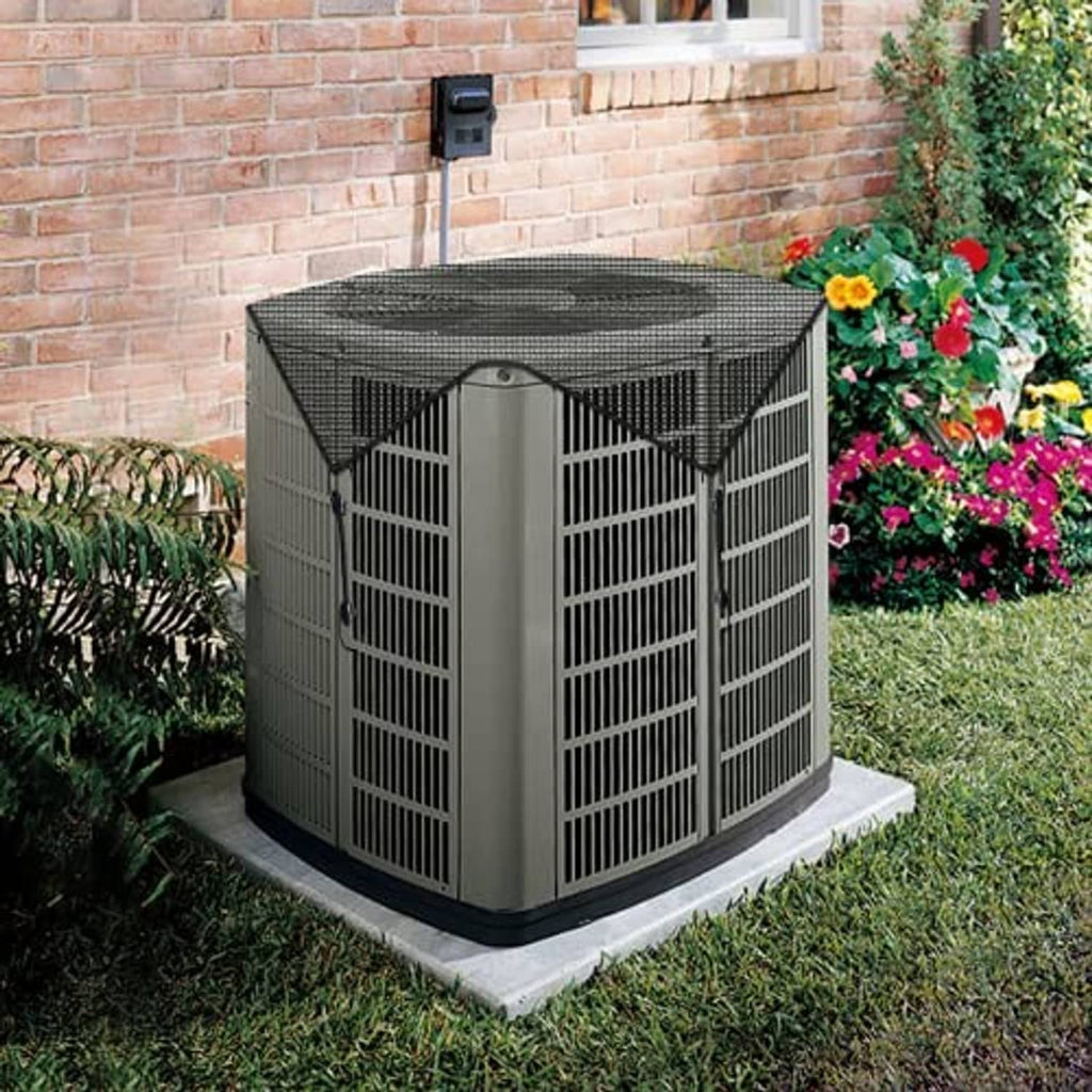 Outdoor air conditioner cover with dark mesh top and vented side panels on square unit