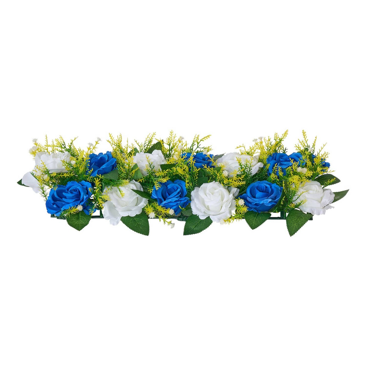 Fake flower centerpiece garland: blue roses, white blooms, green leaves