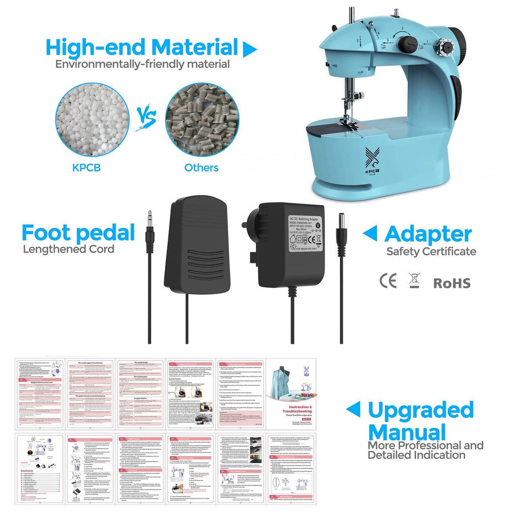 Light blue sewing machine with foot pedal, adapter, and instruction manual pages