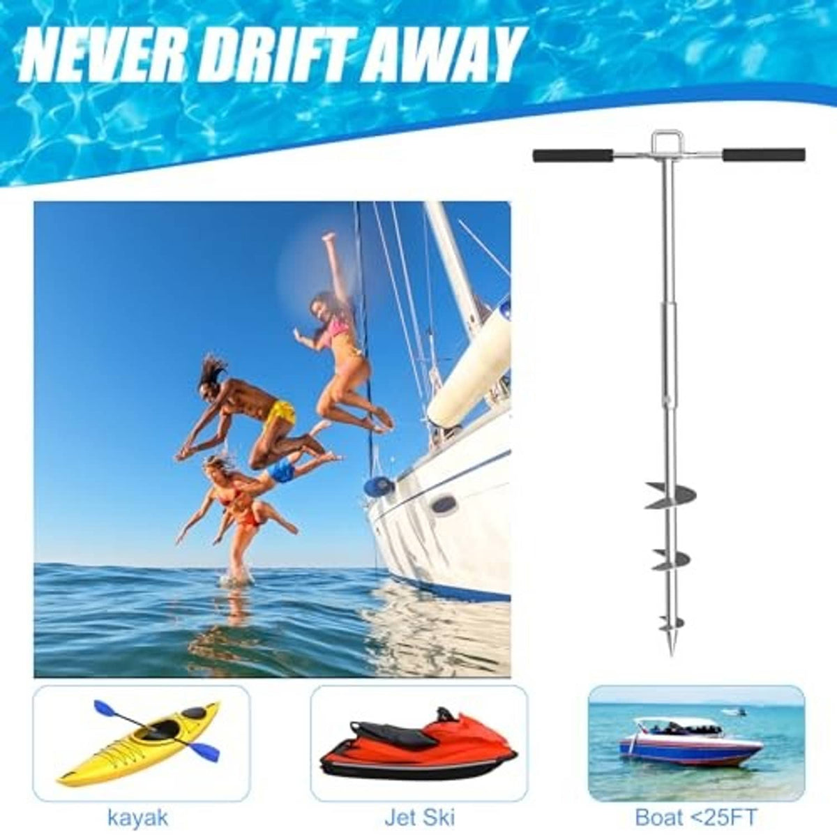 Boat sand anchor with auger and foam grip handle for stable anchoring