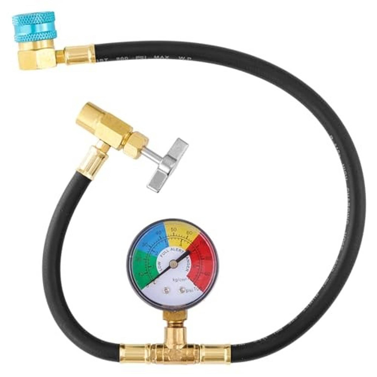 R1234yf refrigerant charging hose kit with black hose, brass fittings, and pressure gauge