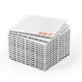 White interlocking exercise mat tiles, stacked with grid-edged connectors