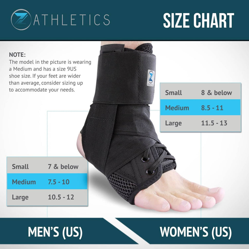 Black ankle brace with lace-up closure shown on bare foot for sizing