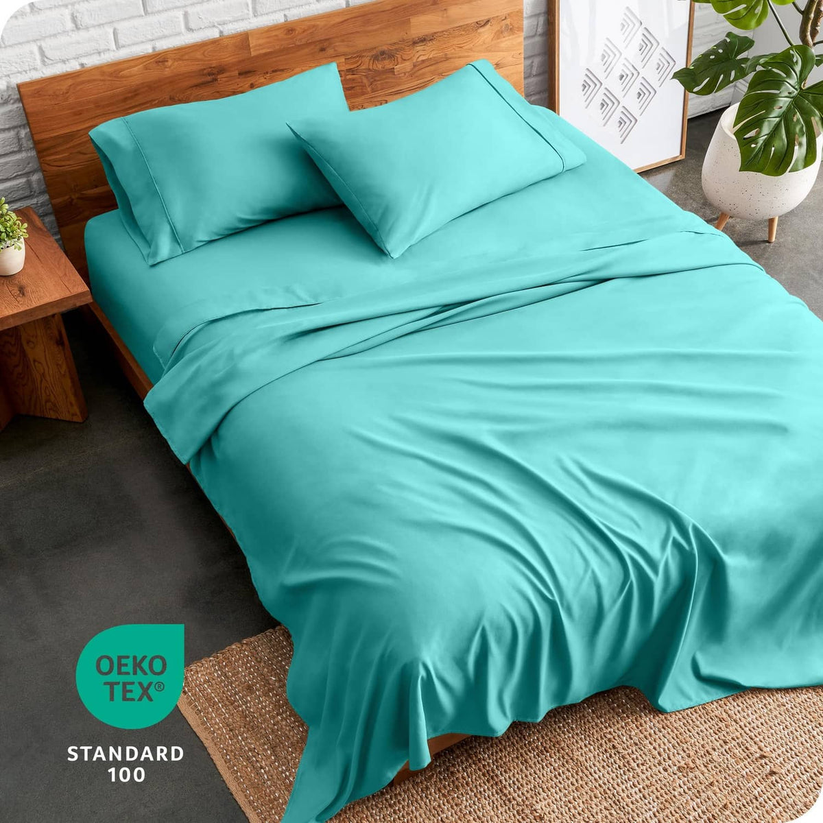 Turquoise twin bed sheet set with fitted sheet skirt and two pillowcases