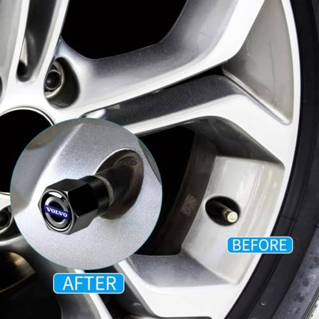 Black tire valve stem cap with blue Volvo logo fitted on silver wheel rim