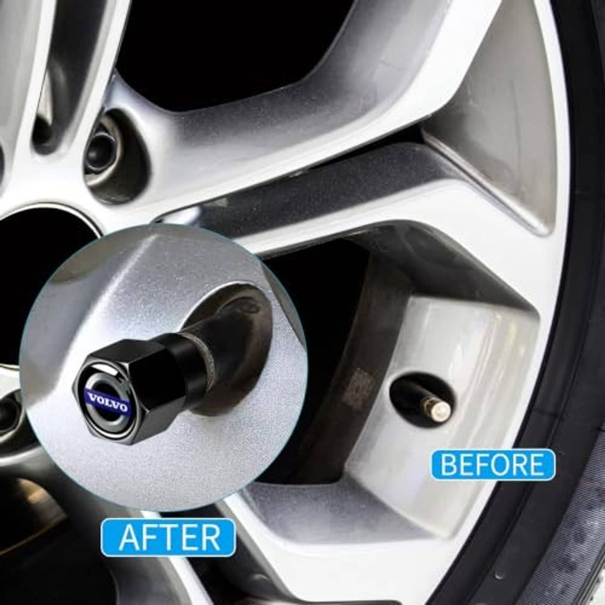 Black tire valve stem cap with blue Volvo logo fitted on silver wheel rim