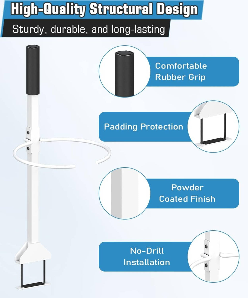 White bucket holder mount with black rubber grip, padded protection, powder-coated finish