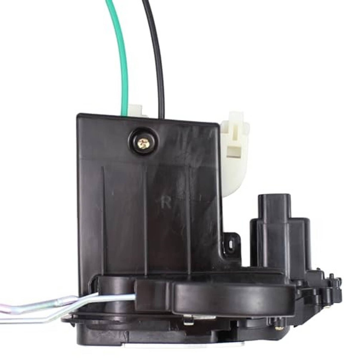 Close-up of door lock latch actuator showing black housing and mounting bracket details