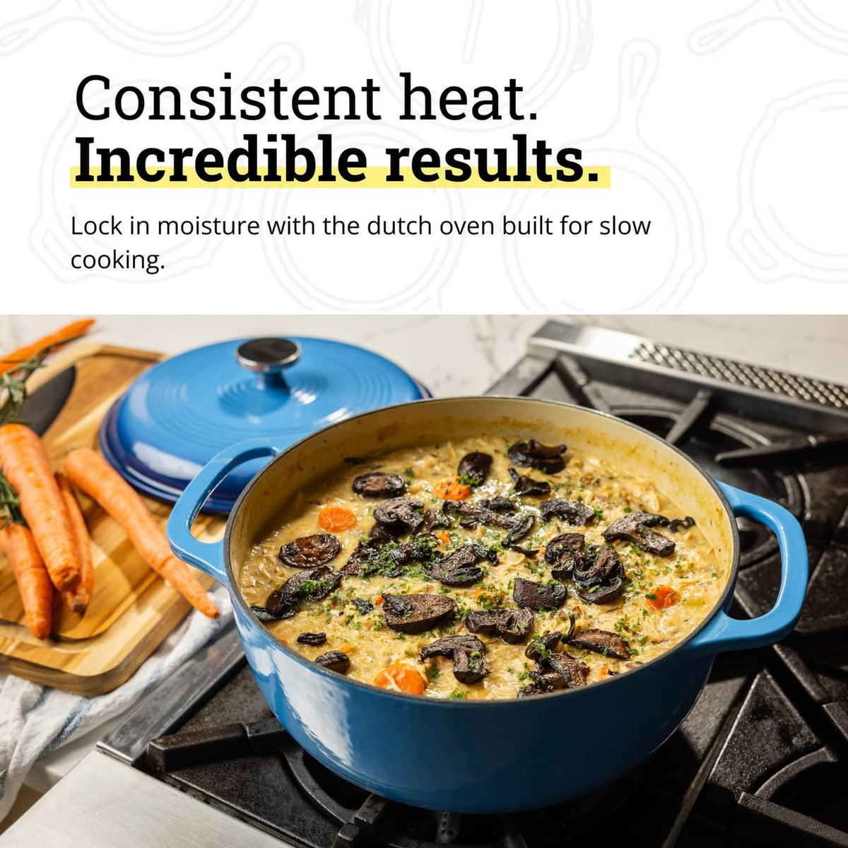 Enamel cast iron Dutch oven simmering food with lid, Caribbean blue exterior and handles