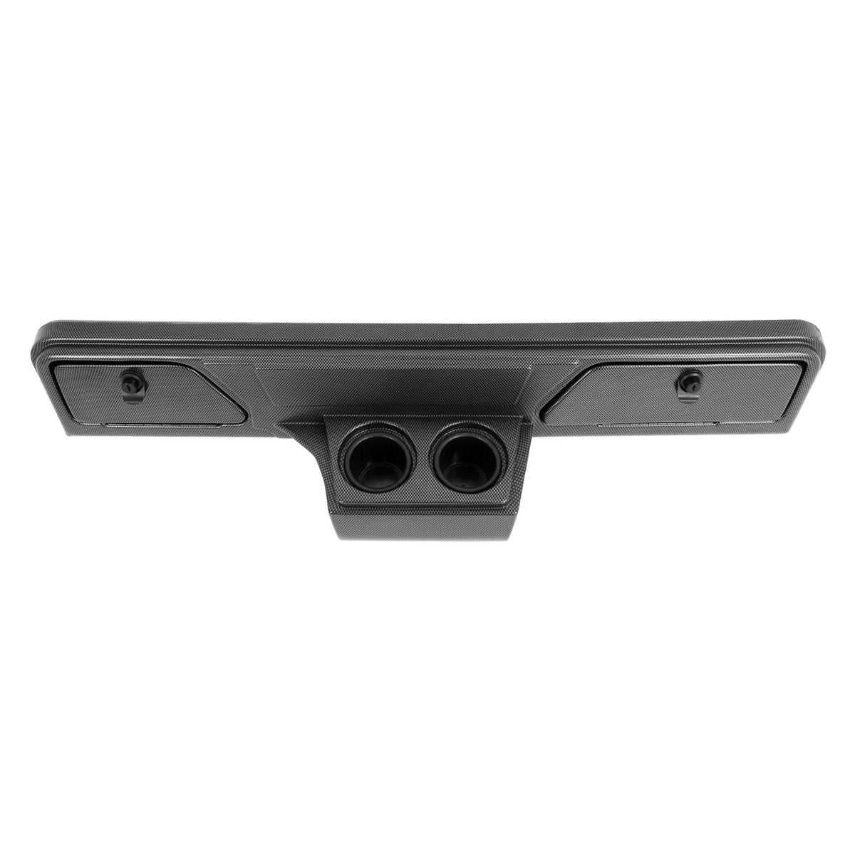 Carbon fiber-style dashboard dash cover showing three circular cup openings and side screw caps