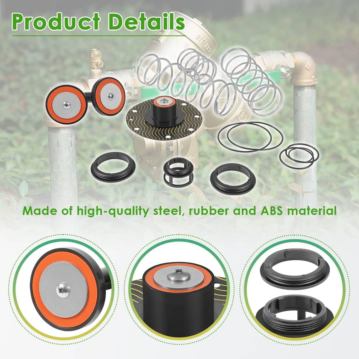 Backflow preventer repair kit parts: orange seal discs, springs, rubber O-rings, relief plunger