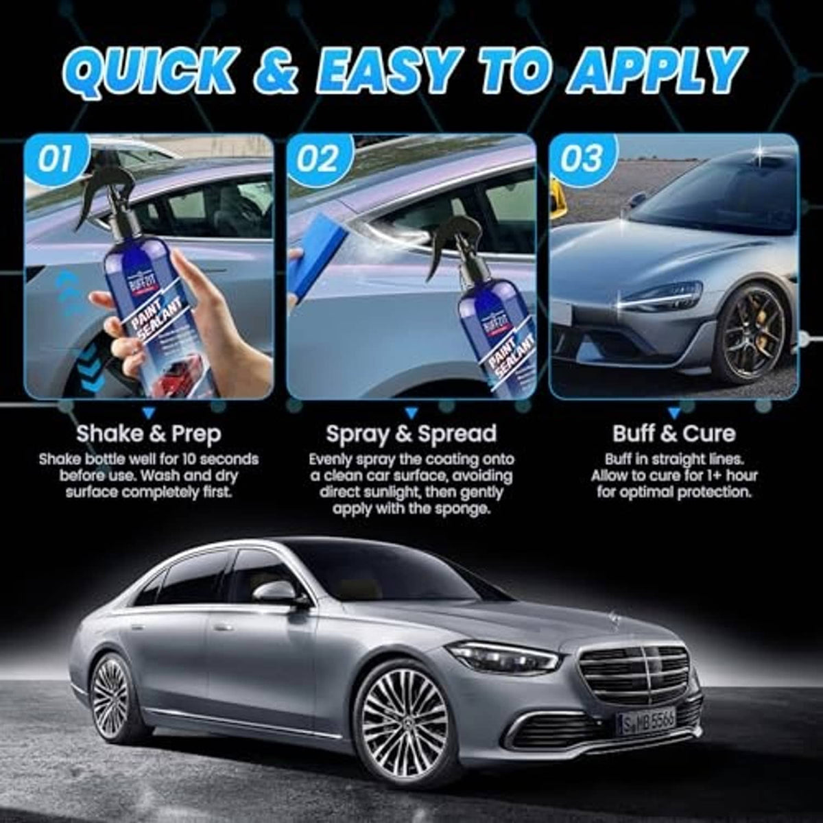 Paint sealant spray bottle on steps graphic: shake and prep, spray and spread, buff to cure
