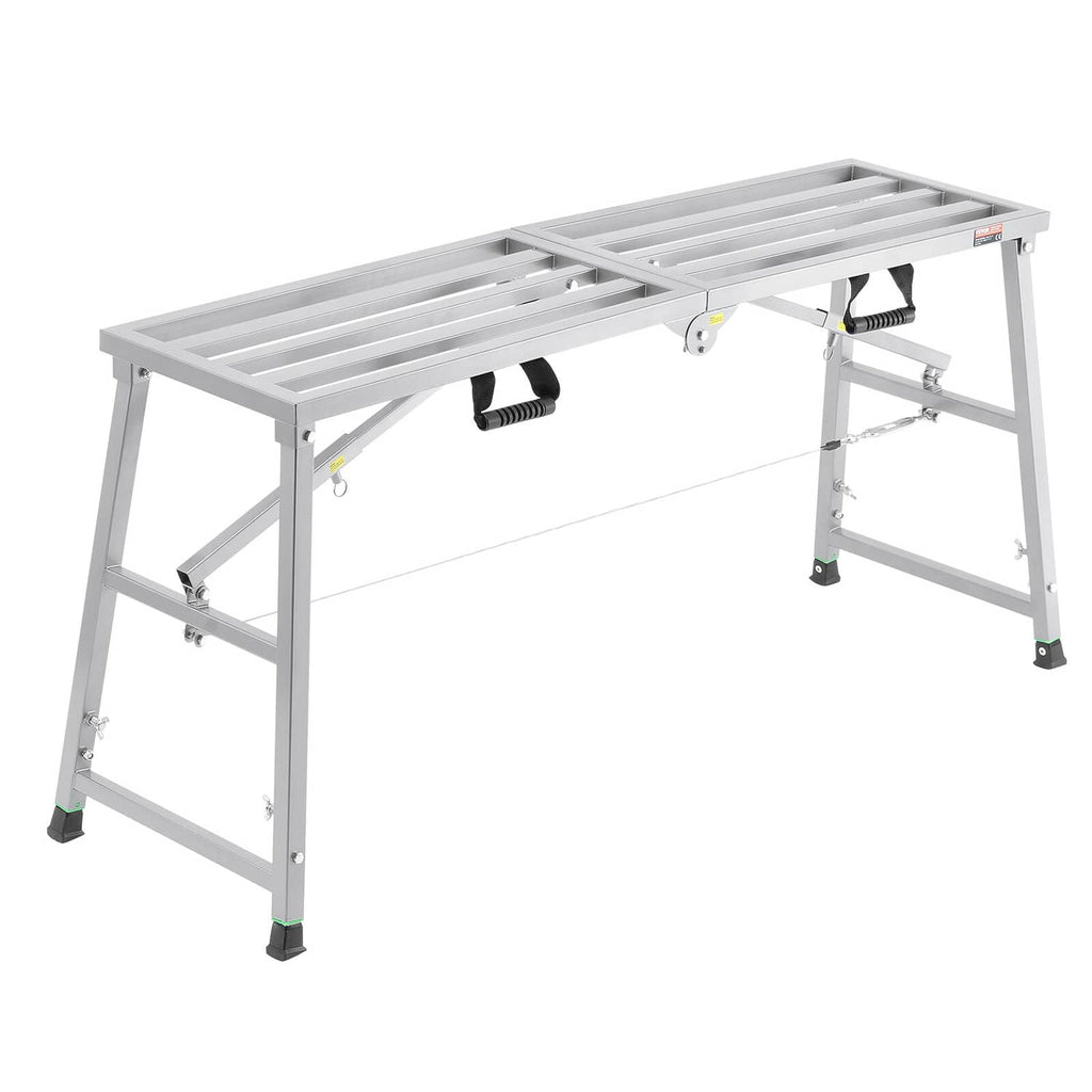 Adjustable height portable scaffolding platform with metal frame and ribbed work deck