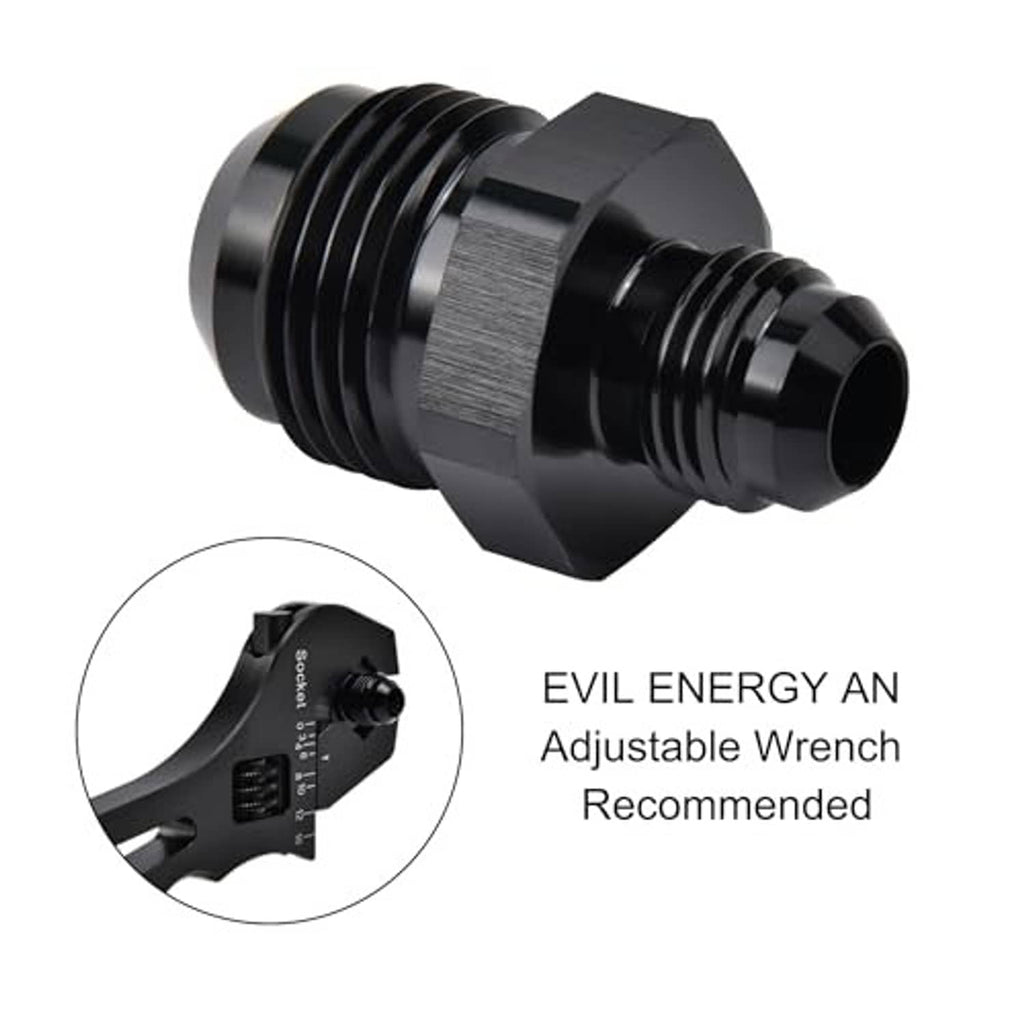 Black AN flare reducer coupler union, hex body with male AN threads, straight