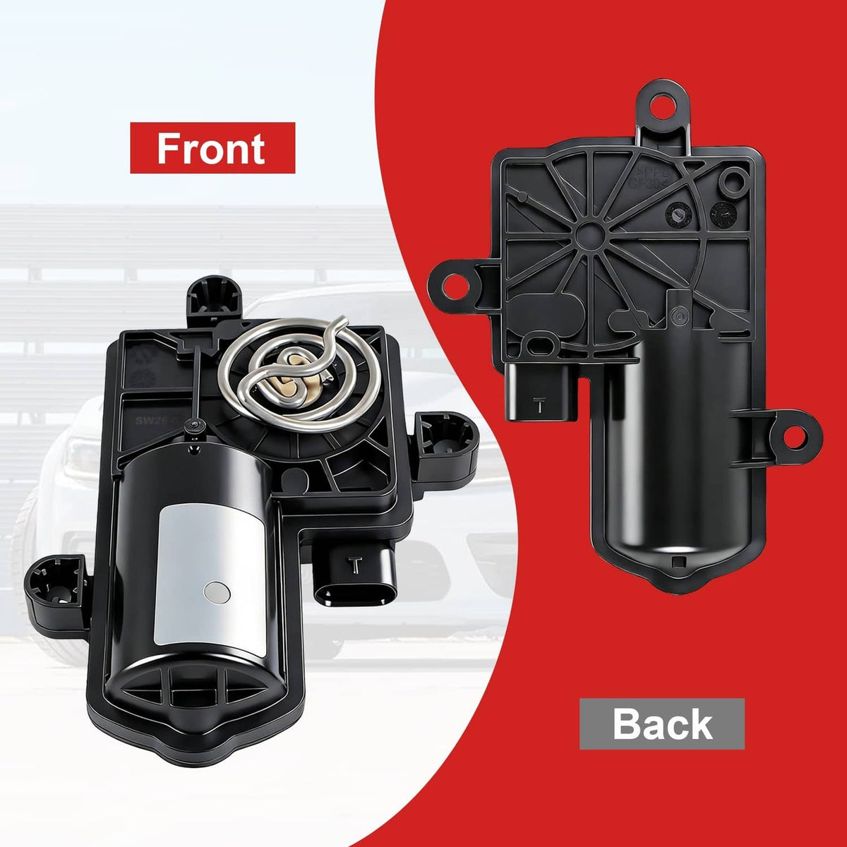 Active exhaust valve actuator, front and back views with black plastic body