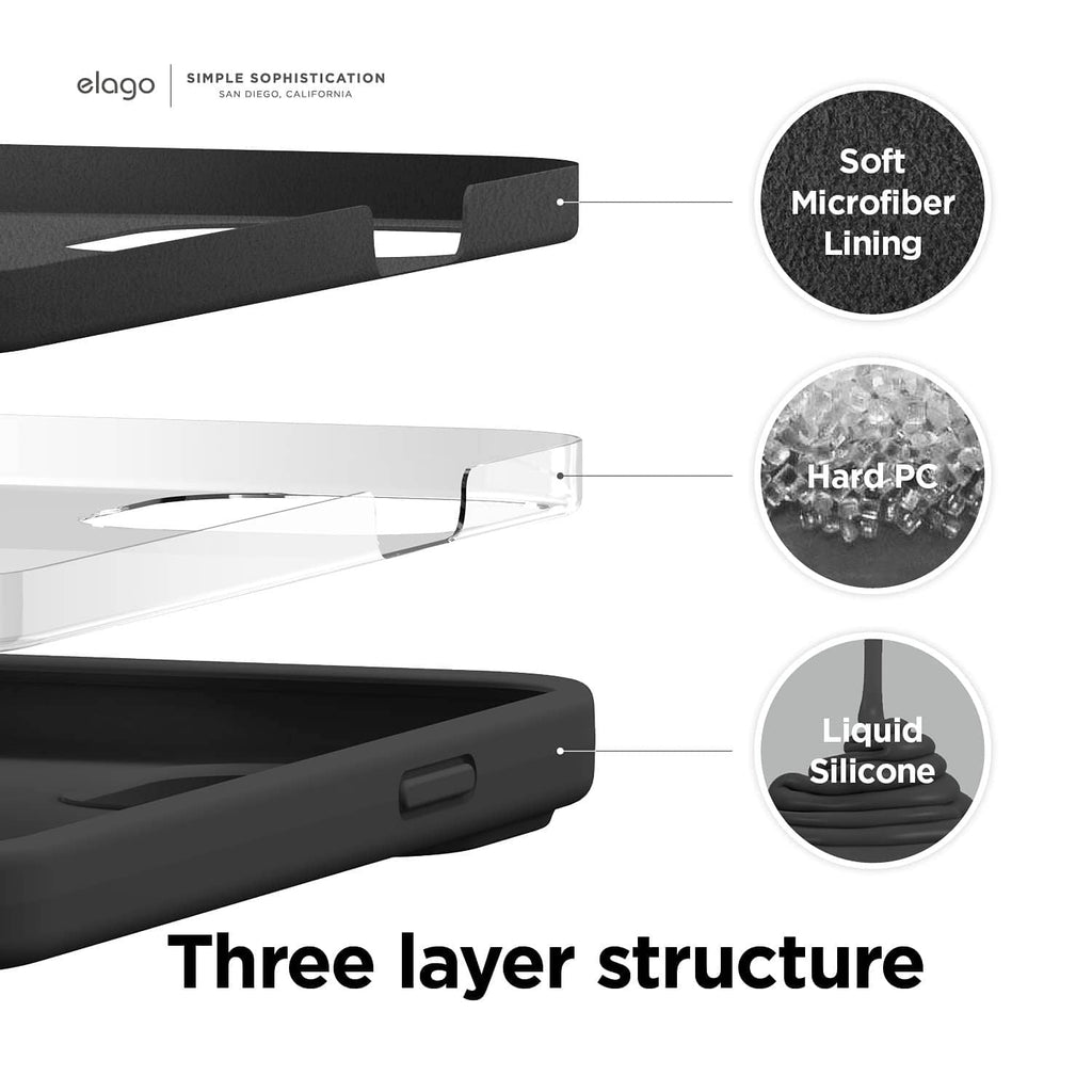Black case showing three-layer structure with soft lining and liquid silicone exterior