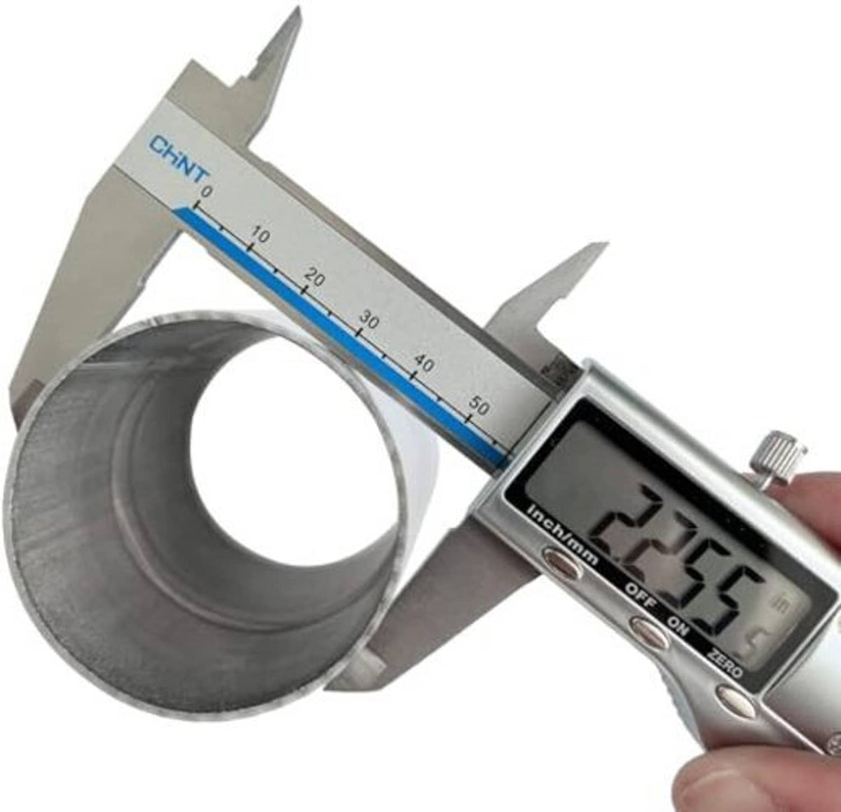 Vernier caliper measuring an exhaust coupler inner opening, stainless sleeve