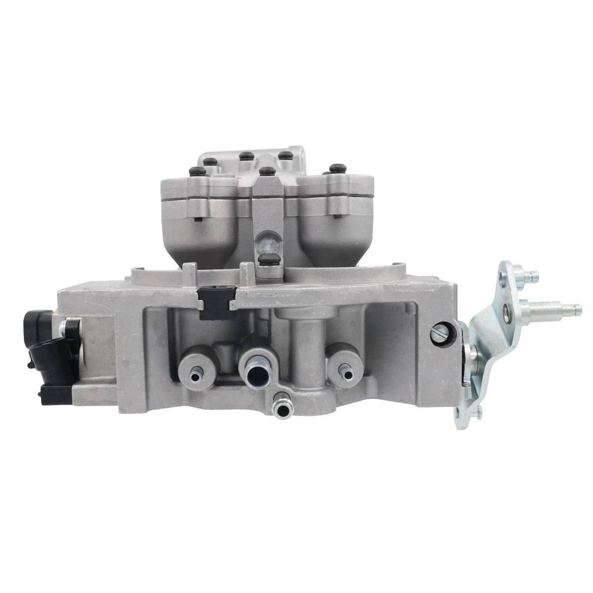 Throttle body with fuel injector, silver housing with vacuum fitting and side terminals