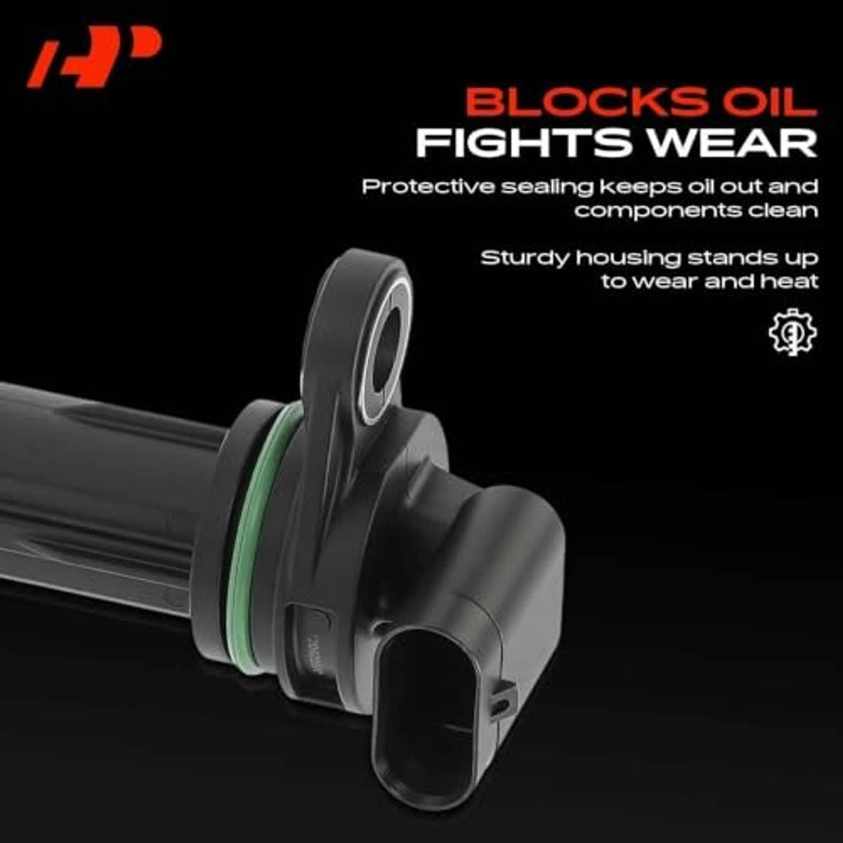3D render of black crankshaft position sensor with green sealing ring