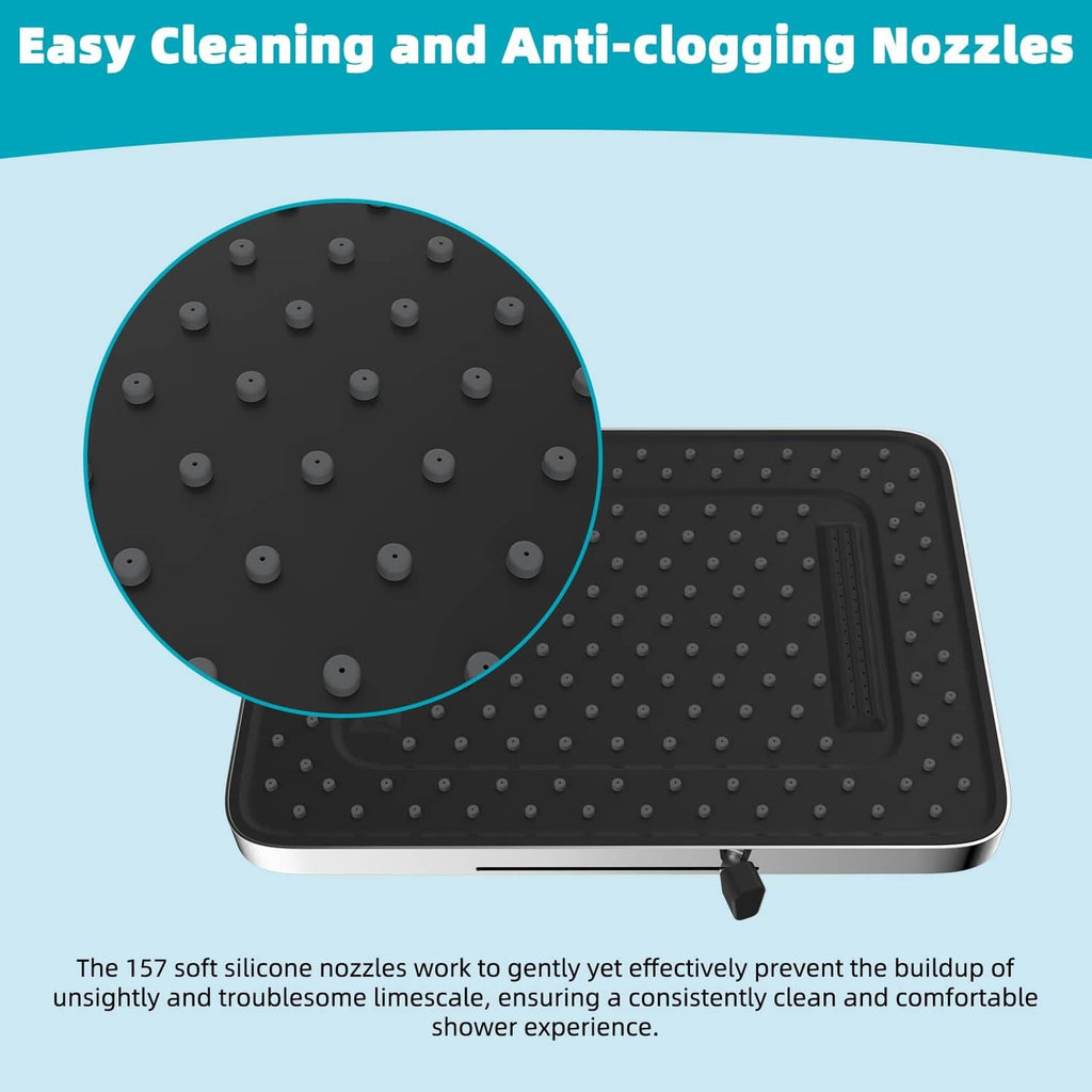 Square shower head with soft silicone anti-clogging nozzle surface