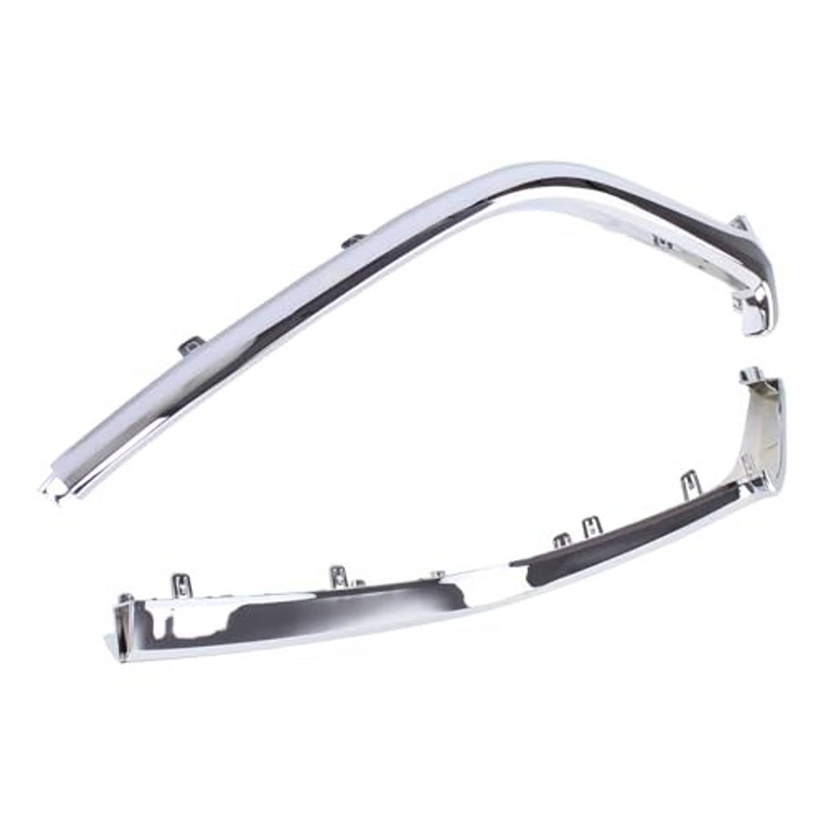Chrome bumper grille lower trim bar with side mounting points and clips