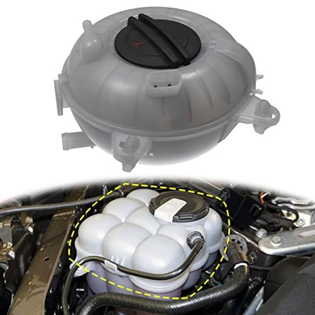 Engine bay coolant expansion tank with black cap and connected hoses