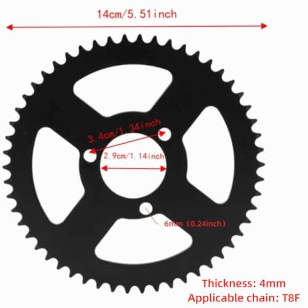Black steel sprocket gear, five rounded spokes, outer teeth, and three center mounting holes