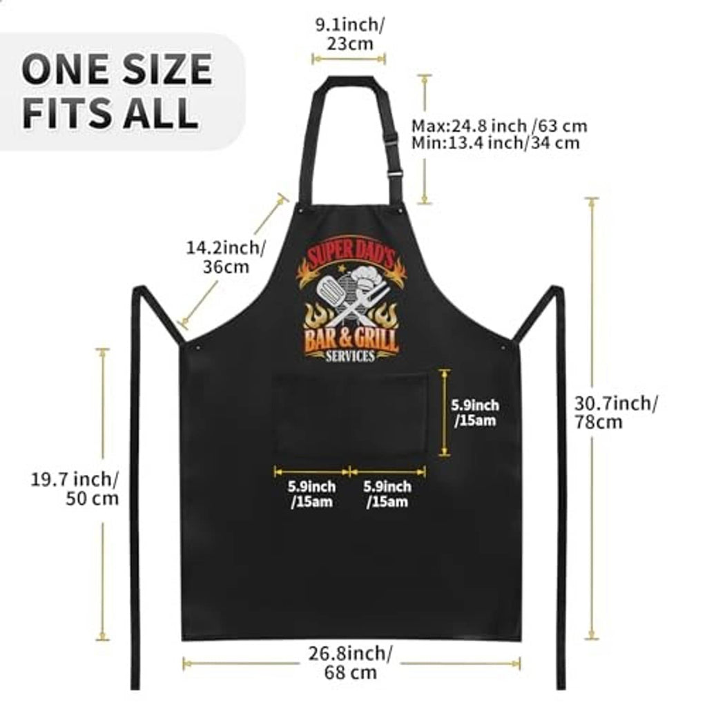 Black grilling apron one-size chart with adjustable neck strap and longer waist ties