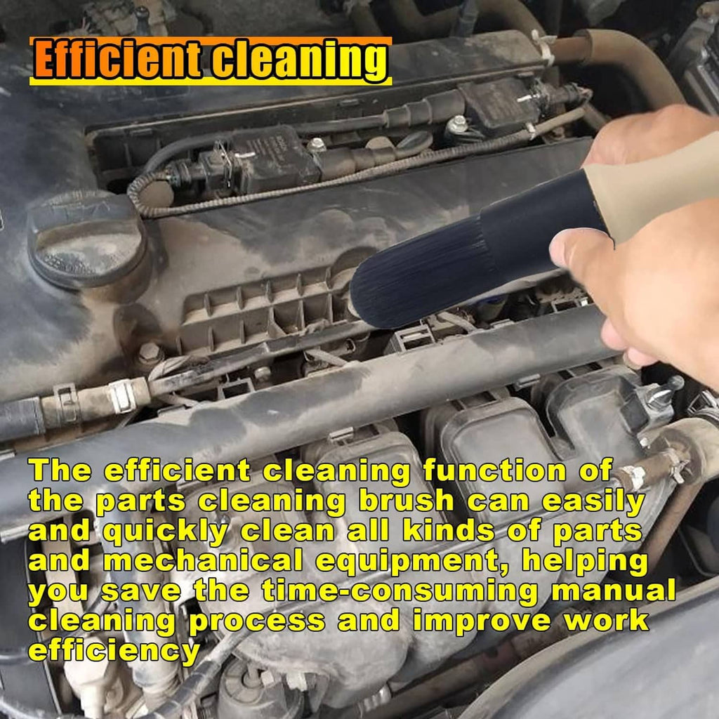 Car parts cleaning brush with black bristles and beige handle used on engine