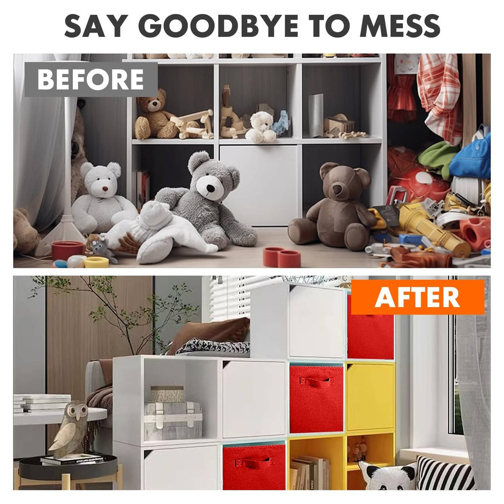 Red fabric storage cube bins in a neat after-organization display with multiple units