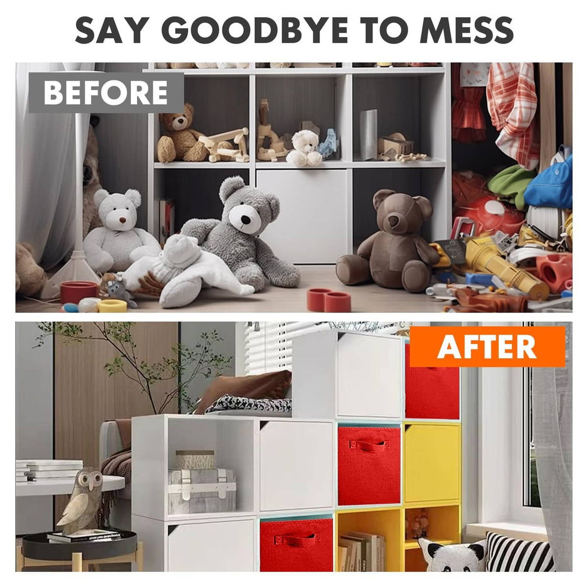 Red fabric storage cube bins in a neat after-organization display with multiple units
