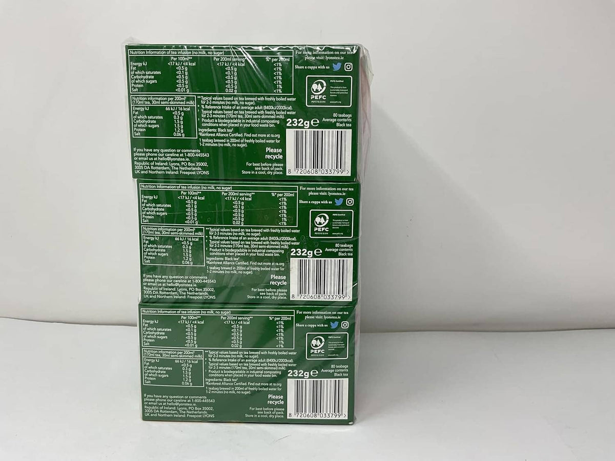 Lyons Original Blend tea bag box back panel, green with barcodes and ingredients