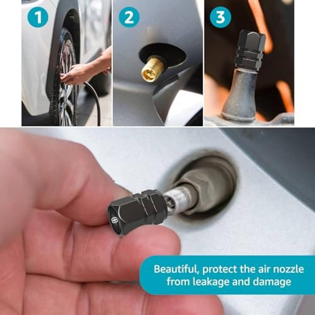 Black tire valve stem cap being installed by hand, oval tire symbol
