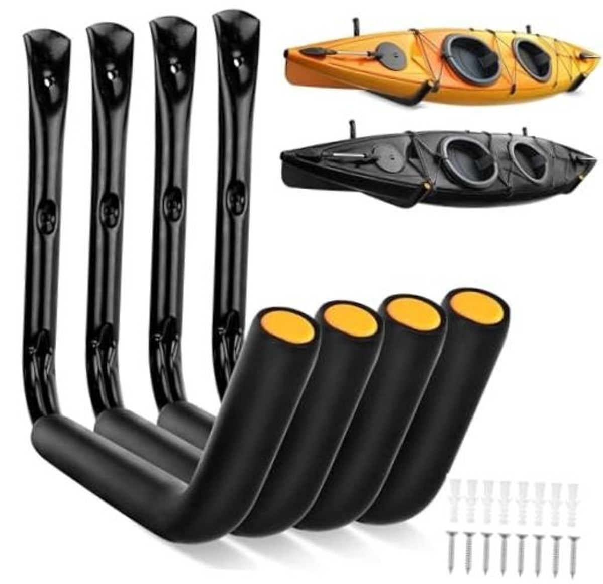 Set of four black J-shaped garage storage hooks with rounded end and mounting tips