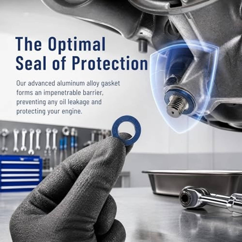 Blue oil drain plug gasket washer held above engine drain area, circular center hole