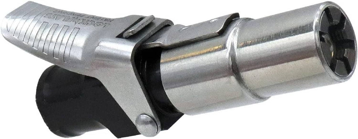 Tire inflator connector with silver sleeve and black jaw housing