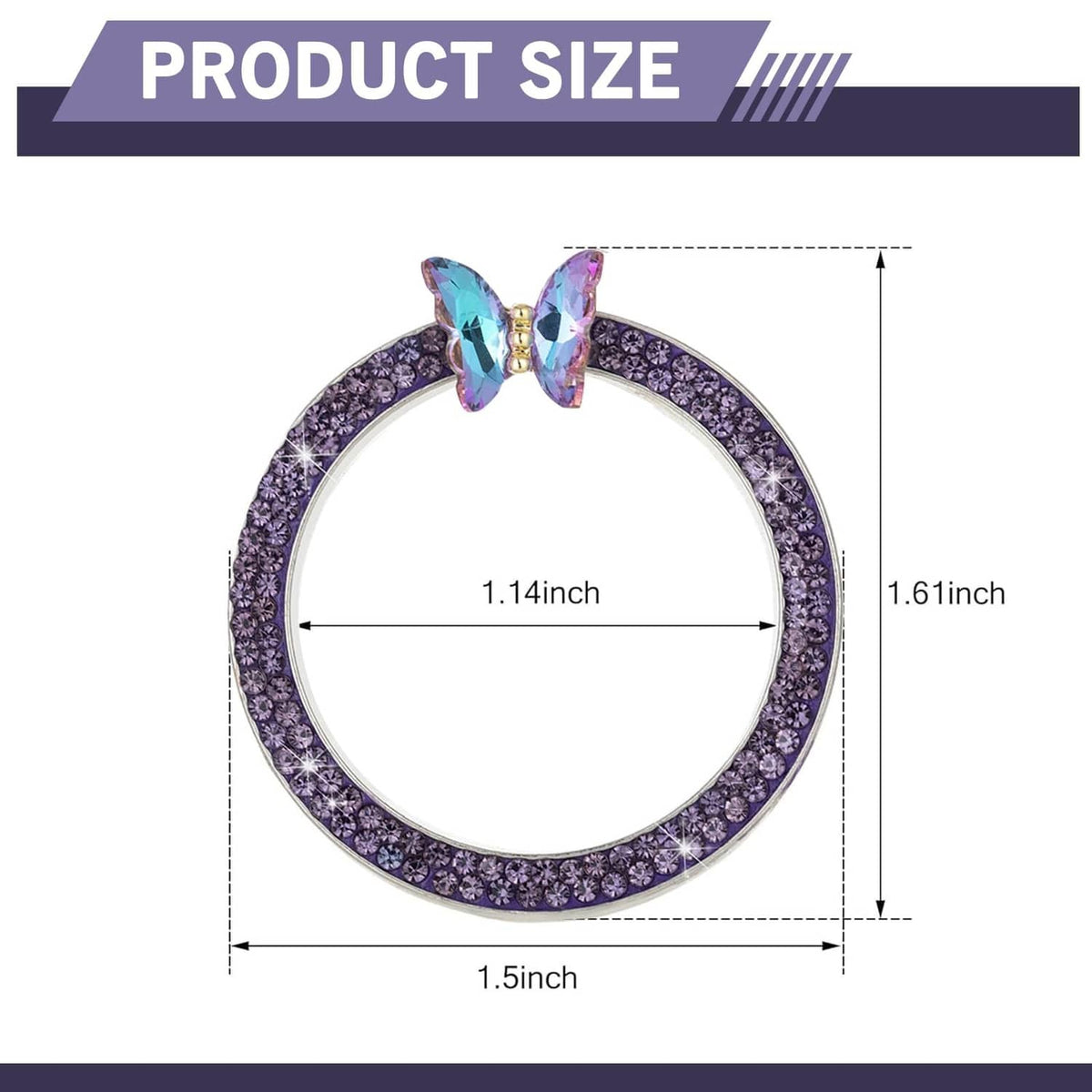 Purple sparkly ignition trim ring with butterfly charm on top, round halo design