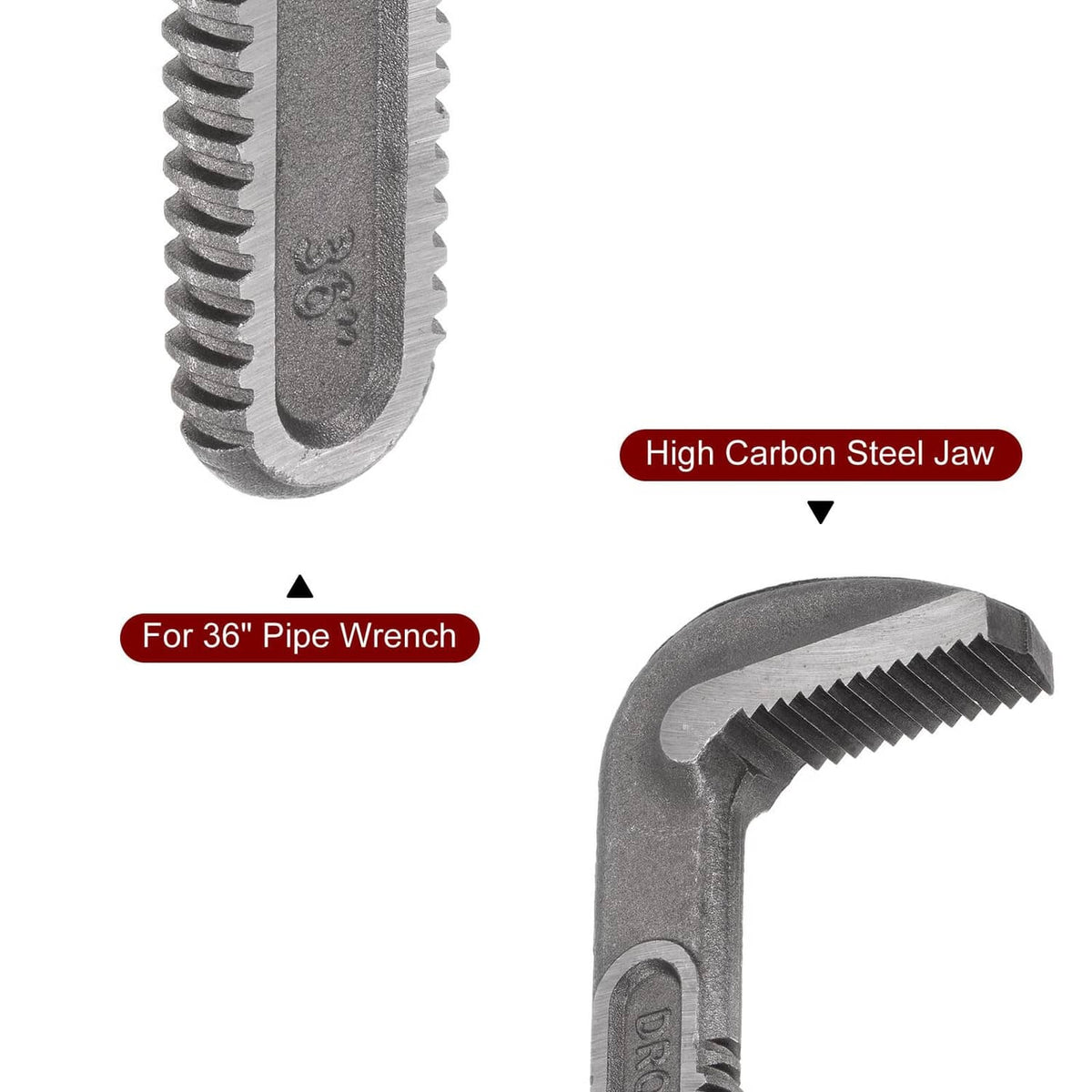 Grey pipe wrench hook jaw replacement with stamped jaw and toothed clamp