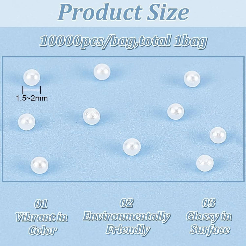White round pearl beads size 1.5–2mm shown on product size graphic