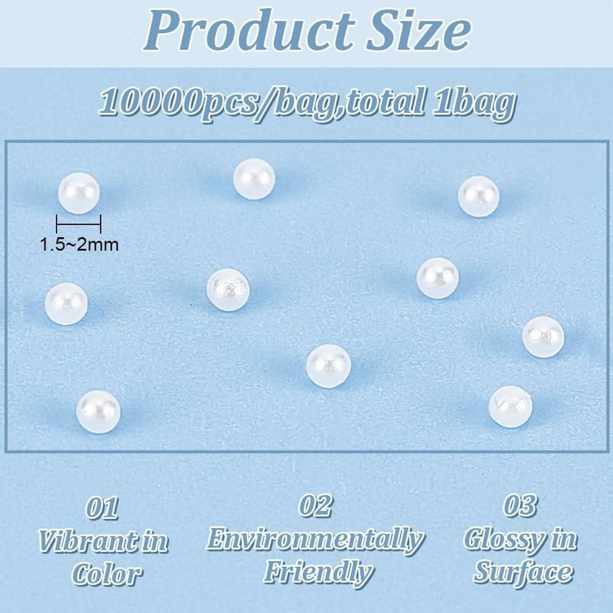 White round pearl beads size 1.5–2mm shown on product size graphic