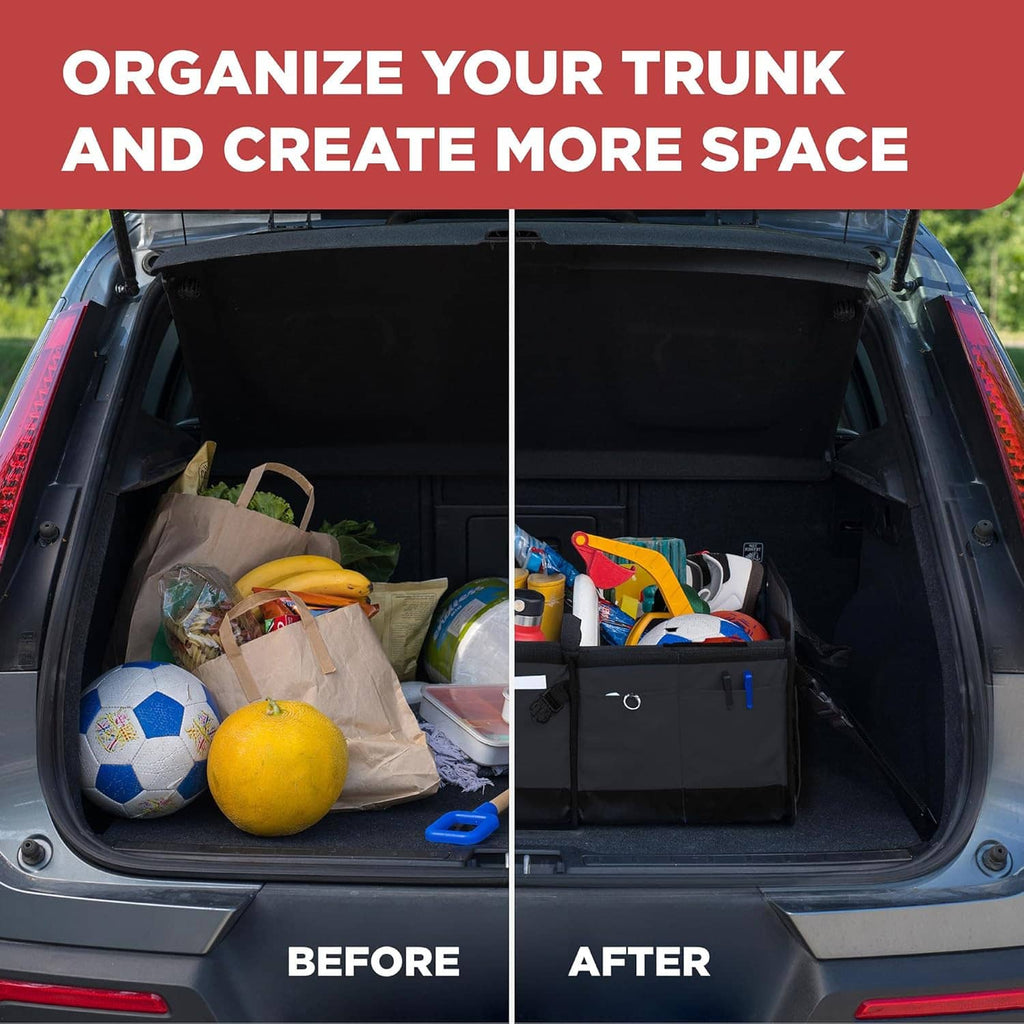 Car trunk organizer tote placed in a vehicle trunk for organized storage