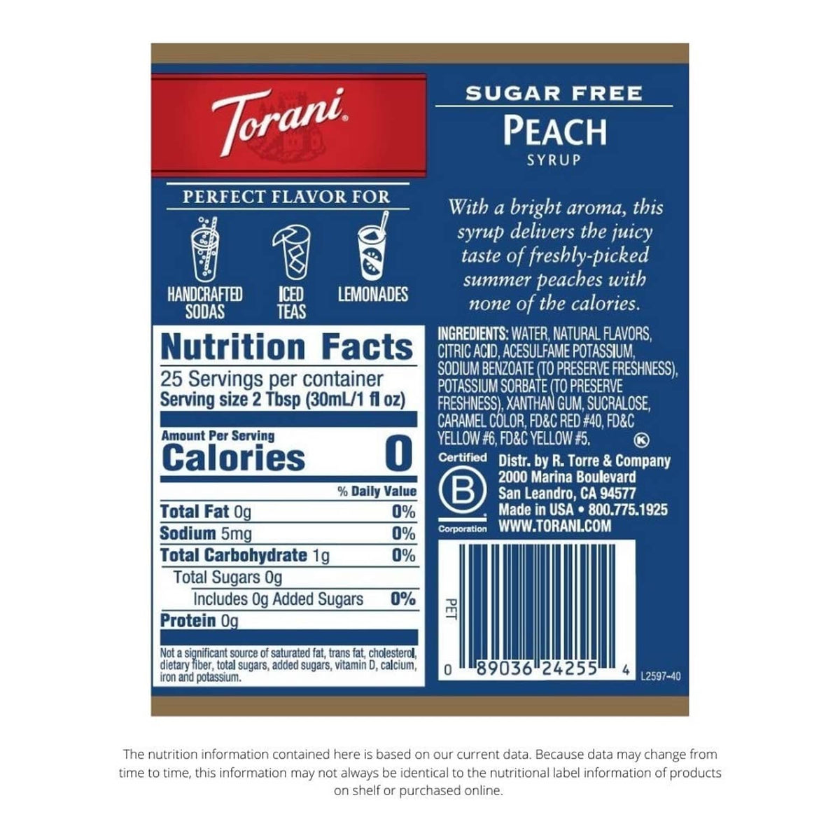 Back label of sugar-free peach syrup bottle with nutrition facts and ingredients